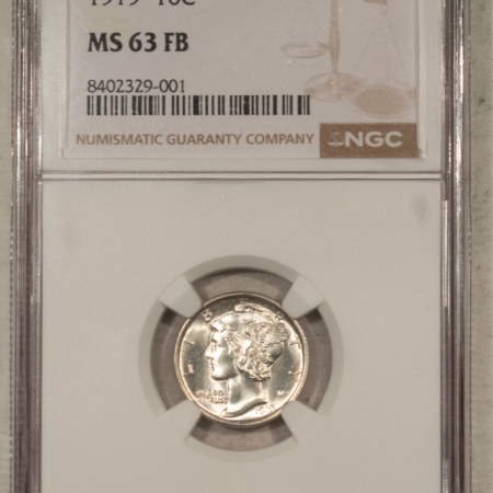 Dimes 1919 MERCURY DIME – NGC MS-63 FB, BLAST WHITE! FULL BANDS!