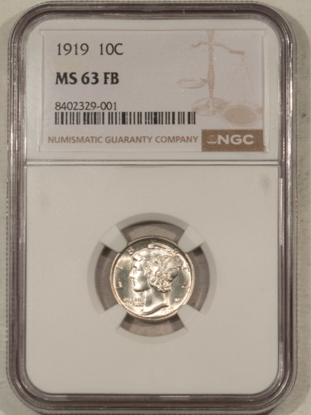 Dimes 1919 MERCURY DIME – NGC MS-63 FB, BLAST WHITE! FULL BANDS!