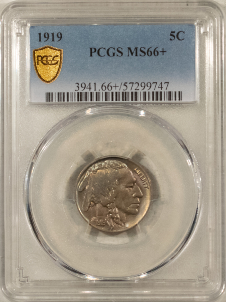 Buffalo Nickels 1919 BUFFALO NICKEL – PCGS MS-66+ REALLY PRETTY COLOR, SUPERB!