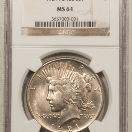 Dollars 1921 $1 PEACE DOLLAR – NGC MS-64, LOOKS 65+, PREMIUM QUALITY KEY-DATE!