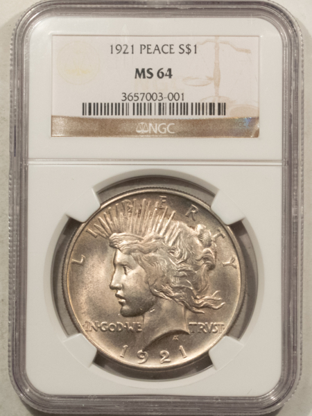 Dollars 1921 $1 PEACE DOLLAR – NGC MS-64, LOOKS 65+, PREMIUM QUALITY KEY-DATE!