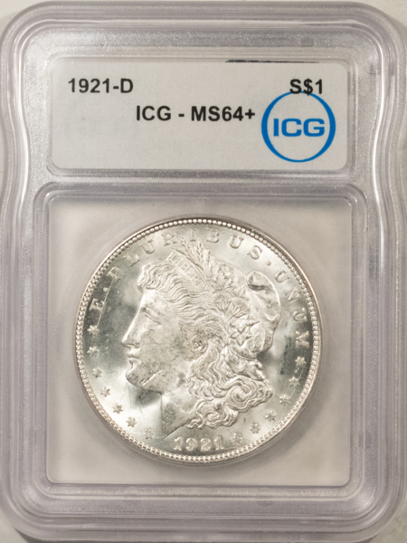 Dollars 1921-D $1 MORGAN DOLLAR – ICG MS-64+, PREMIUM QUALITY! SOLID COIN