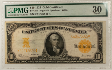 Large Gold Certificates 1922 $10 GOLD CERTIFICATE, FR#1173, LARGE SERIAL NUMBERS, PMG VERY FINE-30!