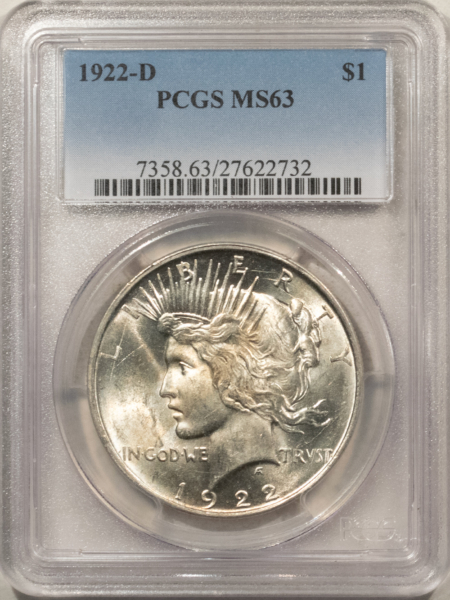Dollars 1922-D $1 PEACE DOLLAR – PCGS MS-63, SUPER LUSTROUS!