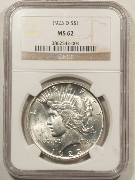 Dollars 1923-D $1 PEACE DOLLAR – NGC MS-62, BLAST WHITE, FULLY STRUCK!