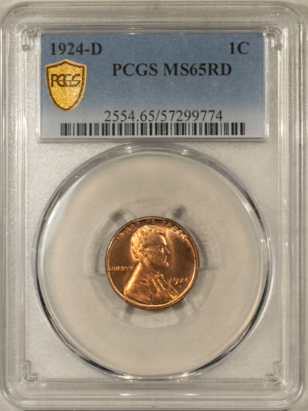 Lincoln Cents (Wheat) 1924-D LINCOLN CENT – PCGS MS-65 RD, BLAZING RED GEM! RARE THIS NICE!