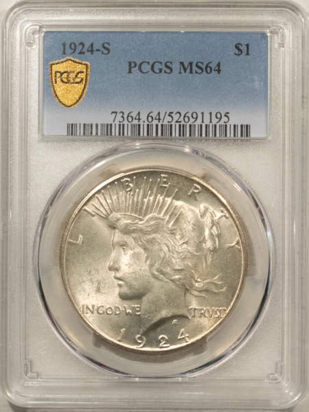 Dollars 1924-S $1 PEACE DOLLAR – PCGS MS-64 SATINY WHITE TOUGH DATE!