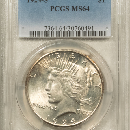 Dollars 1924-S $1 PEACE DOLLAR – PCGS MS-64, FRESH SATINY ORIGINAL WHITISH, TOUGH DATE!
