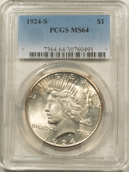 Dollars 1924-S $1 PEACE DOLLAR – PCGS MS-64, FRESH SATINY ORIGINAL WHITISH, TOUGH DATE!
