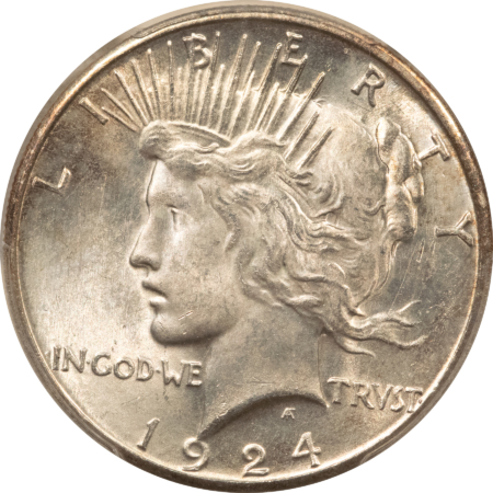 Dollars 1924-S $1 PEACE DOLLAR – PCGS MS-64, FRESH SATINY ORIGINAL WHITISH, TOUGH DATE!