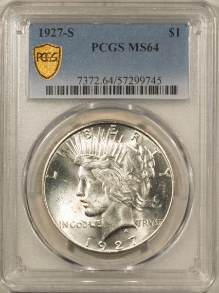 Dollars 1927-S $1 PEACE DOLLAR – PCGS MS-64 BLAST WHITE & LUSTROUS!