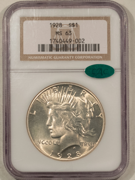 CAC Approved Coins 1928 $1 PEACE DOLLAR – NGC MS-63, LUSTROUS WHITE, PERFECT! CAC APPROVED!