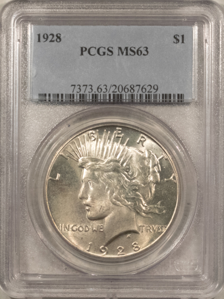 Dollars 1928 $1 PEACE DOLLAR – PCGS MS-63, CHOICE SATINY ORIGINAL WHITISH KEY-DATE!