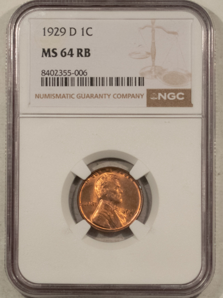 Lincoln Cents (Wheat) 1929-D LINCOLN CENT – NGC MS-64 RB, NEARLY FULL RED!