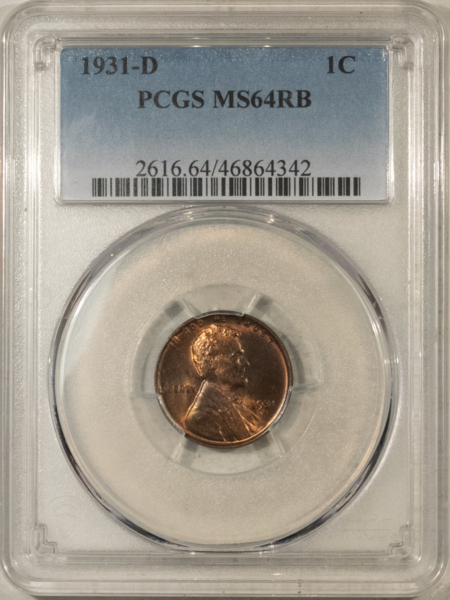 Lincoln Cents (Wheat) 1931-D LINCOLN CENT – PCGS MS-64 RB, ATTRACTIVE & NEARLY GEM!