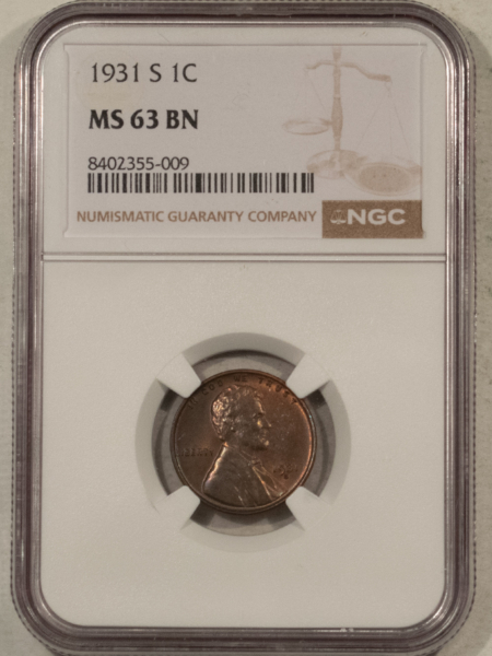 Lincoln Cents (Wheat) 1931-S LINCOLN CENT – NGC MS-63 BN, CHOICE & PRETTY! KEY-DATE!