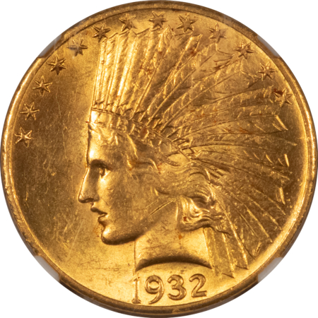 $10 1932 $10 INDIAN GOLD EAGLE – NGC MS-61, GREAT LUSTER