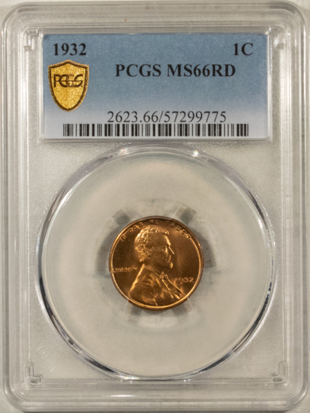 Lincoln Cents (Wheat) 1932 LINCOLN CENT – PCGS MS-66 RD, FIERY! PREMIUM QUALITY!