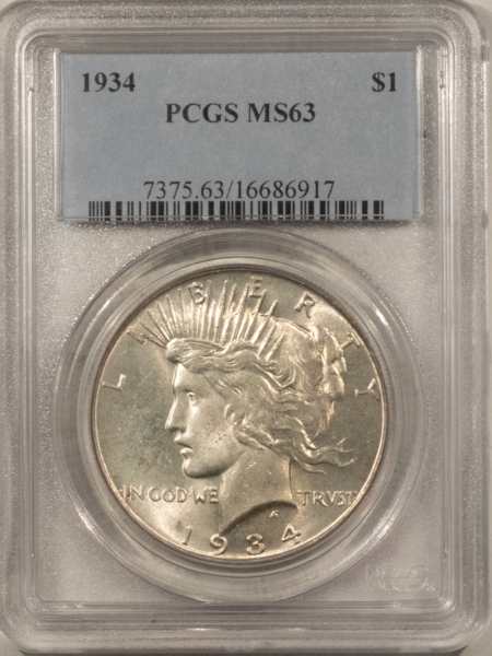 Dollars 1934 $1 PEACE DOLLAR – PCGS MS-63 WHITE & CHOICE!