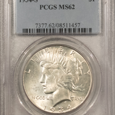 Dollars 1934-S $1 PEACE DOLLAR PCGS MS-62, CHOICE, ORIGINAL WHITE, PREMIUM QUALITY!
