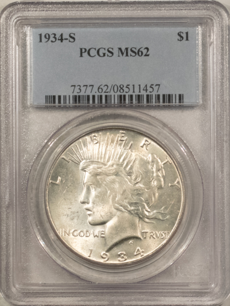 Dollars 1934-S $1 PEACE DOLLAR PCGS MS-62, CHOICE, ORIGINAL WHITE, PREMIUM QUALITY!
