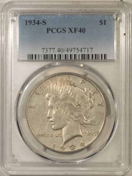 Dollars 1934-S $1 PEACE DOLLAR – PCGS XF-40, NICE ORIGINAL KEY-DATE!