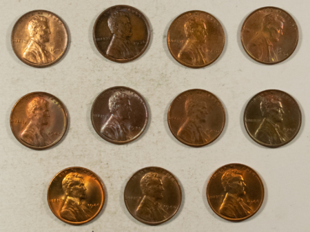 Lincoln Cents (Wheat) 1935 1936 1940 1942-D 1944 LINCOLN CENTS LOT/11 BEAUTIFULLY TONED BU’s NEAT LOT!