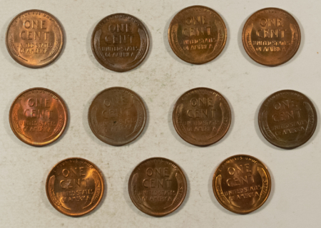 Lincoln Cents (Wheat) 1935 1936 1940 1942-D 1944 LINCOLN CENTS LOT/11 BEAUTIFULLY TONED BU’s NEAT LOT!