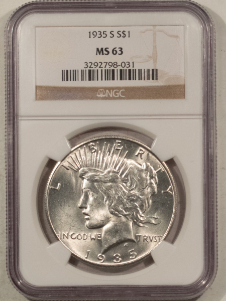 Dollars 1935-S $1 PEACE DOLLAR – NGC MS-63, BLAST WHITE