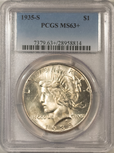 Dollars 1935-S $1 PEACE DOLLAR – PCGS MS-63+, PREMIUM QUALITY!