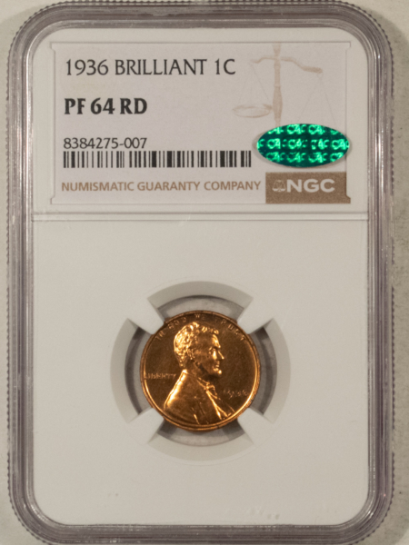 CAC Approved Coins 1936 BRILLIANT PROOF LINCOLN CENT – NGC PF-64 RD, CAC APPROVED, FULLY RED!