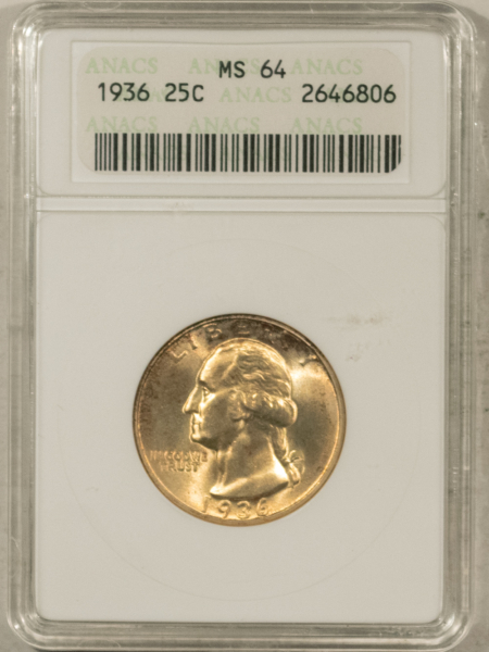New Certified Coins 1936 WASHINGTON QUARTER – ANACS MS-64, OLD WHITE HOLDER, PRETTY & PQ