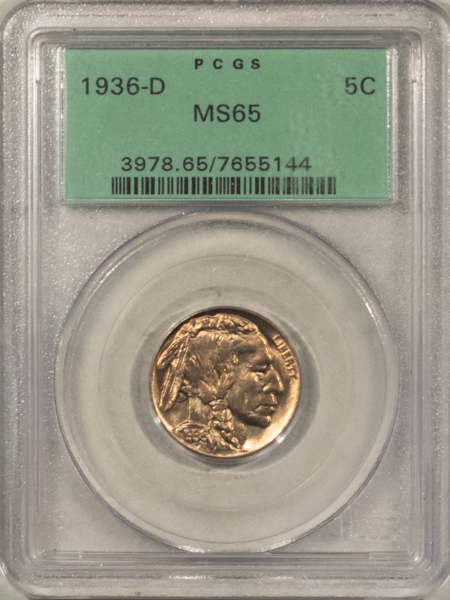 Buffalo Nickels 1936-D BUFFALO NICKEL – PCGS MS-65, OGH, PQ GEM!