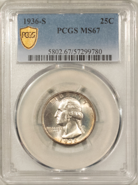 New Certified Coins 1936-S WASHINGTON QUARTER – PCGS MS-67, SUPERB & ATTRACTIVE!