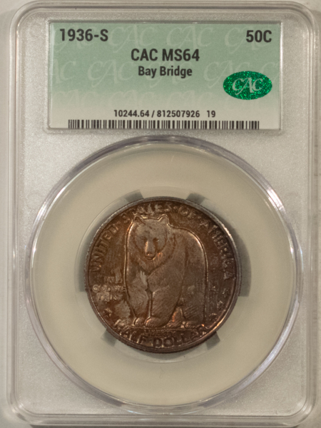 CAC Approved Coins 1936-S BAY BRIDGE COMMEMORATIVE HALF DOLLAR – CACG MS-64, PRETTY, PQ & CAC!