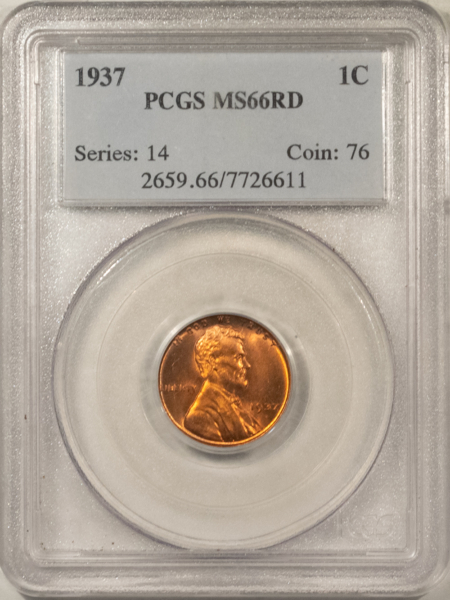 Lincoln Cents (Wheat) 1937 LINCOLN CENT – PGS MS-66 RD, NICE & ATTRACTIVE