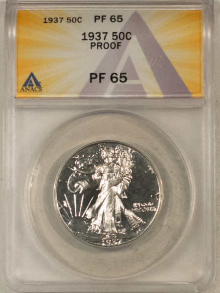 Half Dollars 1937 PROOF WALKING LIBERTY HALF DOLLAR – ANACS PF-65, REALLY NICE WHITE GEM!