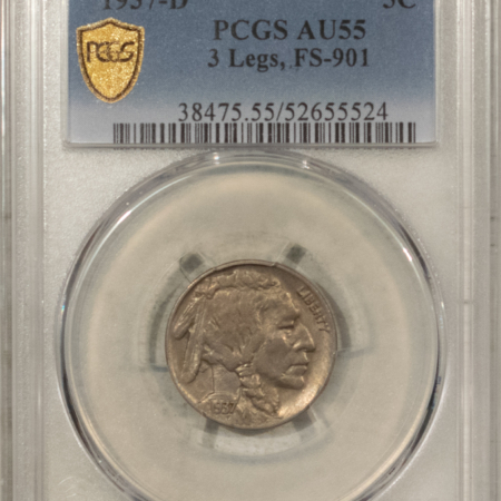 Buffalo Nickels 1937-D BUFFALO NICKEL, 3 LEGS, FS-901 – PCGS AU-55, ATTRACTIVE HIGH GRADE KEY!
