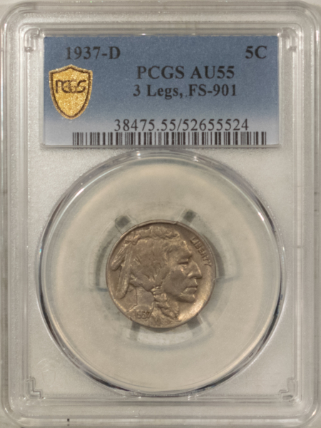 Buffalo Nickels 1937-D BUFFALO NICKEL, 3 LEGS, FS-901 – PCGS AU-55, ATTRACTIVE HIGH GRADE KEY!