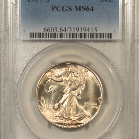 Half Dollars 1937-S WALKING LIBERTY HALF DOLLAR – PCGS MS-64, LOOKS GEM! PREMIUM QUALITY!
