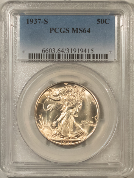 Half Dollars 1937-S WALKING LIBERTY HALF DOLLAR – PCGS MS-64, LOOKS GEM! PREMIUM QUALITY!