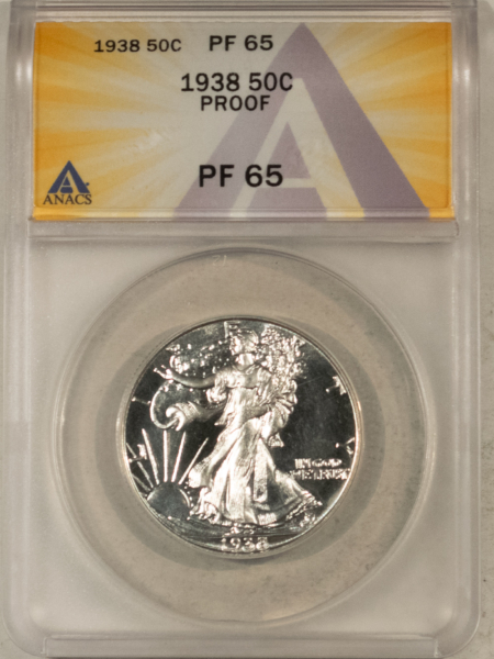 Half Dollars 1938 PROOF WALKING LIBERTY HALF DOLLAR – ANACS PF-65, NICE WHITE GEM W/ CONTRAST