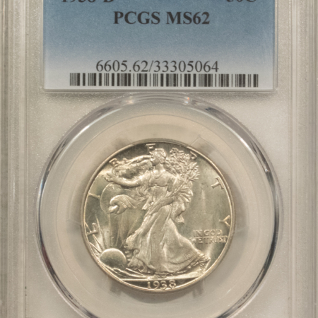 Half Dollars 1938-D WALKING LIBERTY HALF DOLLAR – PCGS MS-62, BLAST WHITE! KEY-DATE!