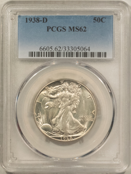 Half Dollars 1938-D WALKING LIBERTY HALF DOLLAR – PCGS MS-62, BLAST WHITE! KEY-DATE!
