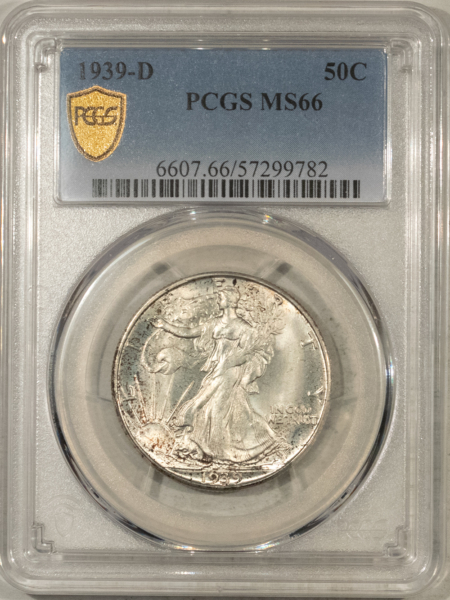 Half Dollars 1939-D WALKING LIBERTY HALF DOLLAR – PCGS MS-66, PREMIUM QUALITY!