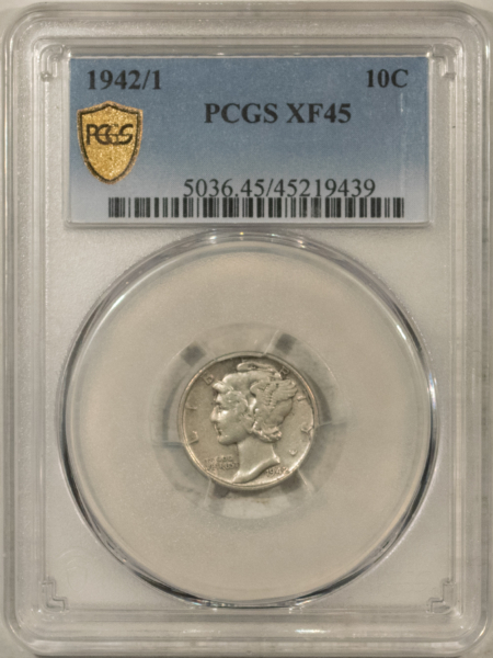 Dimes 1942/1 MERCURY DIME – PCGS XF-45, NICE PLEASING KEY-DATE!