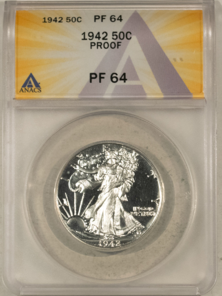 Half Dollars 1942 PROOF WALKING LIBERTY HALF DOLLAR – ANACS PF-64, PQ W/ CAMEO LOOK, CONTRAST