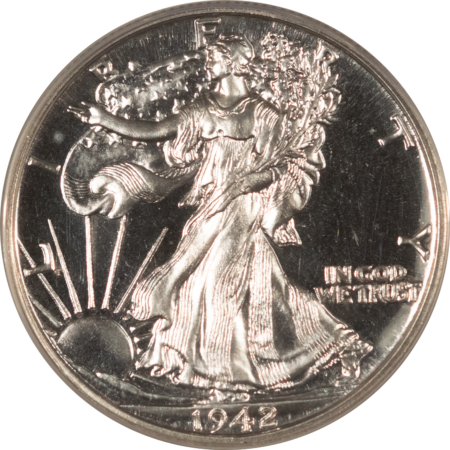 Half Dollars 1942 PROOF WALKING LIBERTY HALF DOLLAR – ANACS PF-64, PQ W/ CAMEO LOOK, CONTRAST