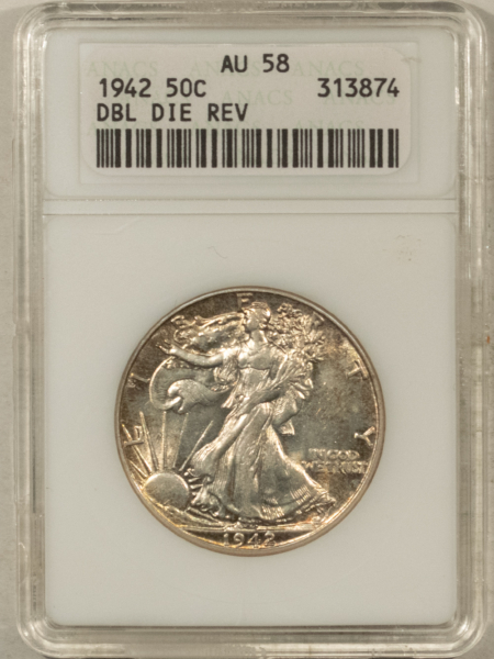Half Dollars 1942 WALKING LIBERTY HALF DOLLAR, DOUBLED DIE REVERSE – NGC AU-58, WHITE HOLDER