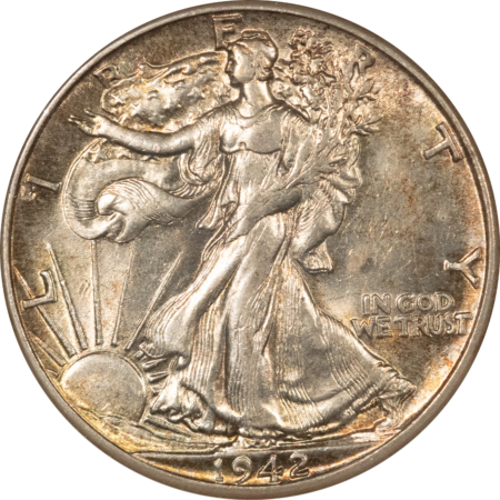 Half Dollars 1942 WALKING LIBERTY HALF DOLLAR, DOUBLED DIE REVERSE – NGC AU-58, WHITE HOLDER